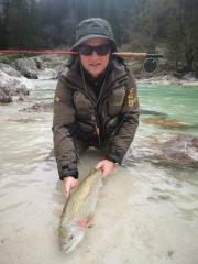 Rainbow trout and Sasa, April fly fishing Slovenia 2019 big